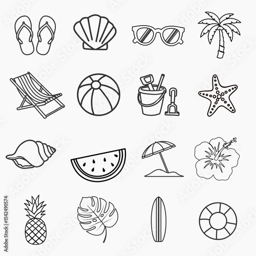 Summer Clip Art Bundle with Simple Line Icons . Hand Drawn Set for Vacation, Travel, and Tropical Holiday Themes in Clean Vector Styl