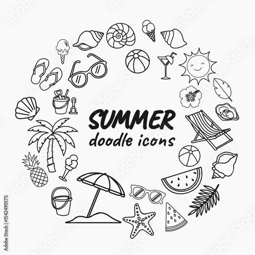 Tropical Summer Icon Clip Art Bundle. Minimalist Hand Drawn Line Art of Holiday Items like Sun, Shell, Ice Cream, and Umbrella