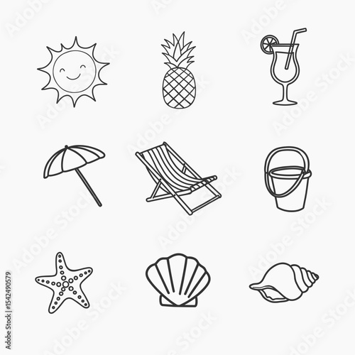 Hand Drawn Summer Icons Clip Art Bundle. Simple Line Art Set Featuring Beach and Holiday Essentials for Tropical Season and Travel Designs