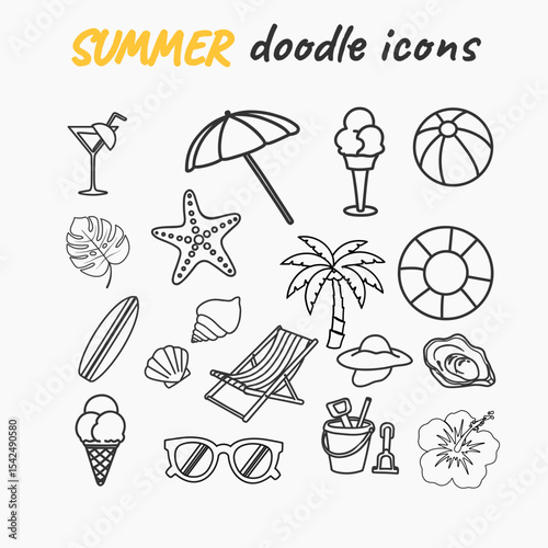 Hand Drawn Summer Line Icon Bundle – Simple and Clean Clip Art Set of Beach, Travel, and Tropical Elements for Creative Holiday Designs.