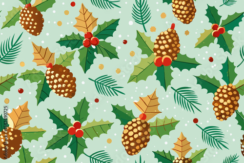 Seamless pattern design with ripe red berries, autumn leaves, and festive Christmas trees, perfect for nature-inspired vector illustration