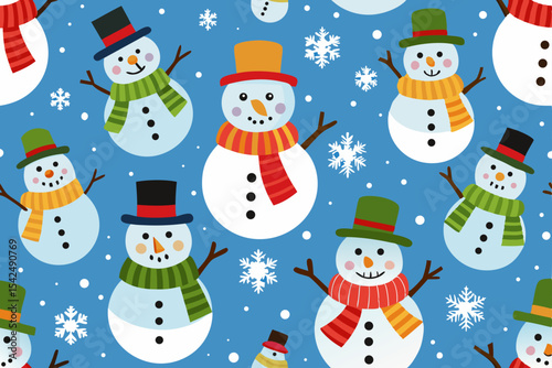 Festive Christmas seamless pattern with a cartoon snowman and snowflake accents, perfect for winter holiday decoration and greeting cards
