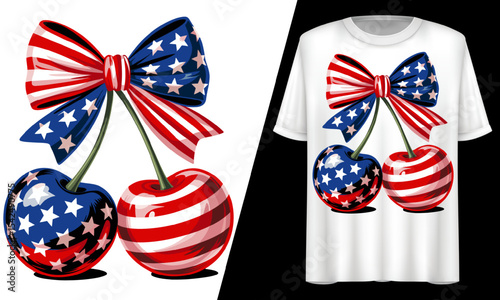 Patriotic Cherry USA Flag Bow, 4th of July, T-Shirt Design.