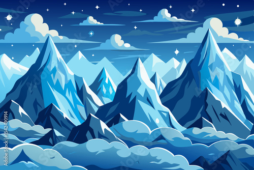 A stunning winter mountain landscape features snow-covered peaks under a clear blue sky, with an icy glacier and pine trees completing the cold, serene nature scene