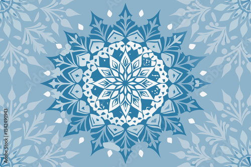 Abstract floral snowflake pattern: a seamless blue and white winter holiday design with ornate crystal ice decorations