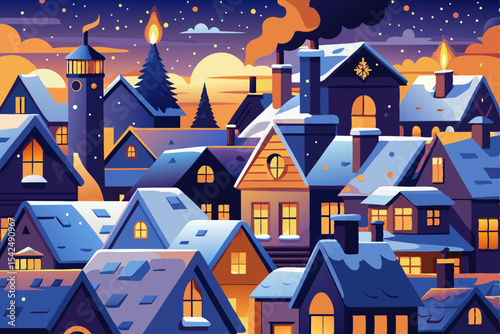 Dark silhouettes of haunted houses on a hill, bathed in moonlight and stars, create a spooky Halloween village illustration