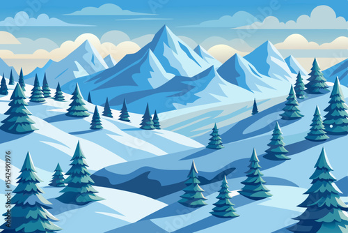 Snowy winter mountain and forest landscape with frosty pine trees and a cold blue sky