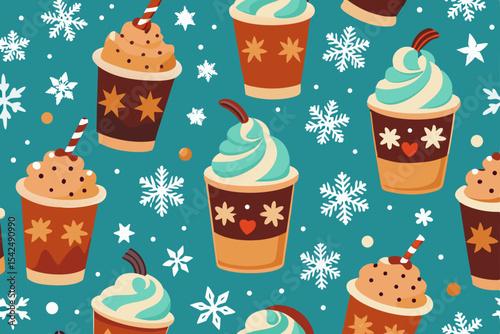 Cute cartoon chocolate and strawberry cupcakes with cream and cherry create a sweet seamless pattern perfect for a birthday party dessert background