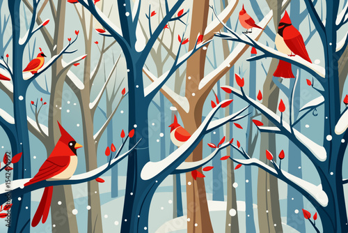 Christmas tree and winter branches seamless pattern with cute birds, snow, and red floral leaf decorations, a perfect vector illustration for seasonal nature designs