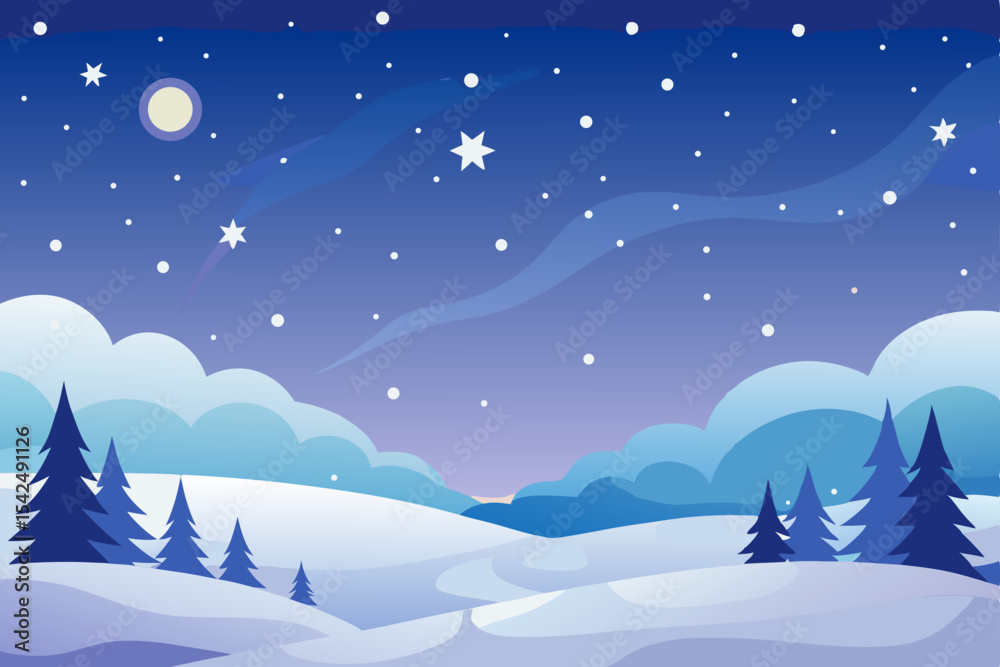 Fototapeta premium Christmas night winter landscape vector illustration with snow, pine trees, and a starry sky