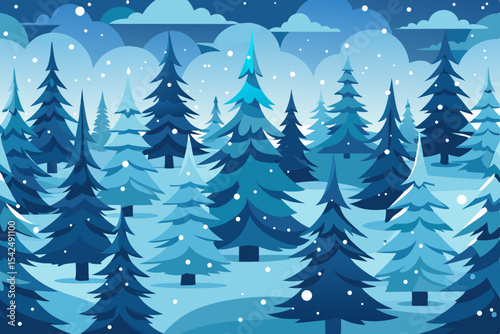 Snowy winter forest landscape with festive fir trees, perfect for a holiday season illustration or Christmas card design