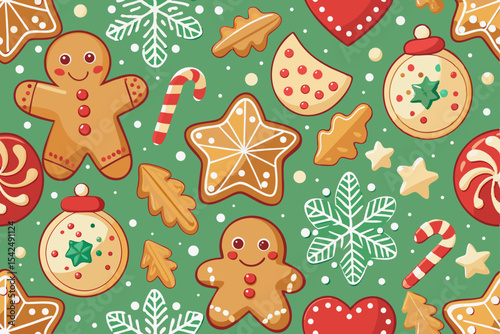 A delightful seamless pattern featuring festive Christmas gingerbread cookies, ideal for holiday decoration and celebration designs