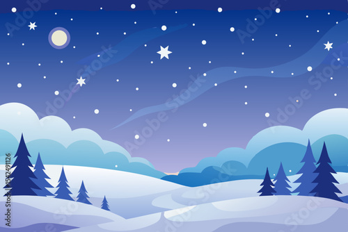 Christmas night winter landscape vector illustration with snow, pine trees, and a starry sky