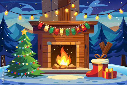 A festive Christmas night scene featuring a cozy room with a decorated Christmas tree, a warm fireplace, and holiday lights, perfect for a Christmas card