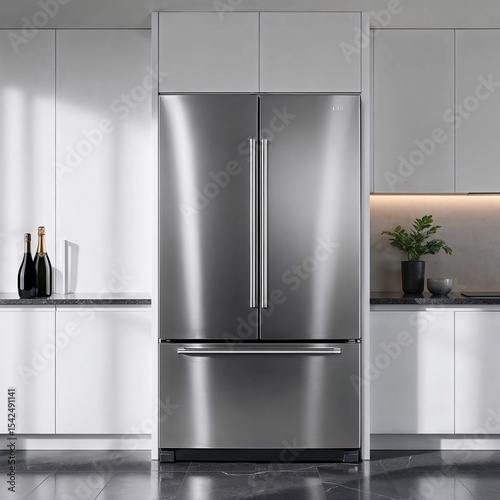 Modern stainless steel refrigerator in minimalist kitchen design  