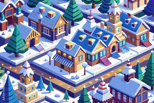 Seamless isometric pattern of cartoon city houses on a tree-lined street