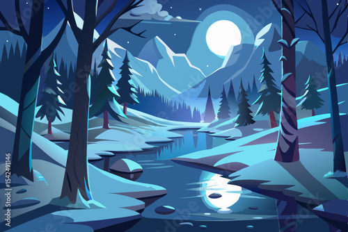 Enchanting blue night landscape with palm trees and a moonlit sky, perfect for a winter holiday card