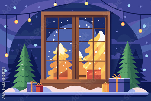 Christmas night in a snowy village with a decorated Christmas tree and cozy house