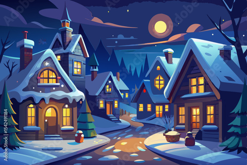 A charming cartoon house nestled in a snowy village scene under a winter night sky, bathed in warm Christmas light