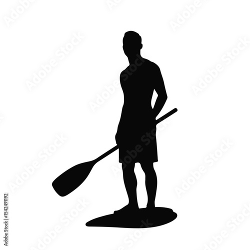 Silhouette of a male paddleboarder confidently holding a paddle while standing on a board against a white background, watersports and adventure concept of tourism.