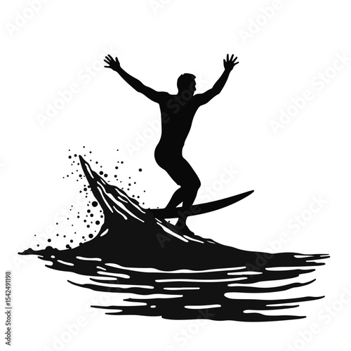 Joyful male surfer riding a wave against a clean white background, water sports and adventure concept of surf schools or beach activities.