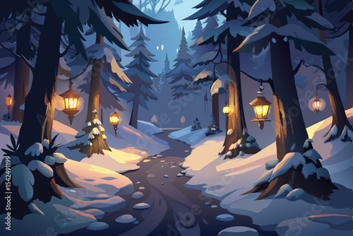 A serene winter forest landscape at night features snow-covered trees under a moonlit sky, perfect for a Christmas or New Year holiday card design