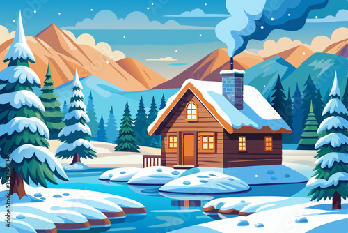 Cozy Christmas house nestled in a snowy winter forest landscape at night, perfect for a holiday card illustration