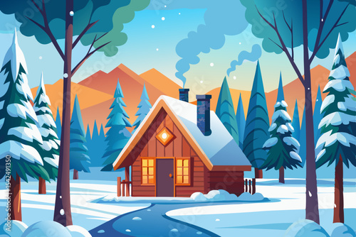 Snowy winter village with festive lights and cozy houses