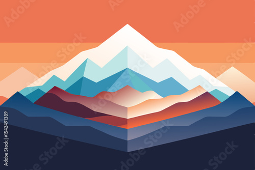 Vector illustration of a mountain landscape at sunset, featuring silhouetted peaks, a vast sky, and hints of mist