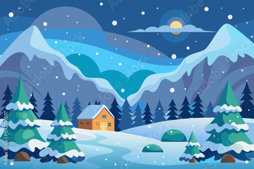 Cozy Christmas village landscape with snow-covered houses, trees, and distant mountains under a starry winter sky