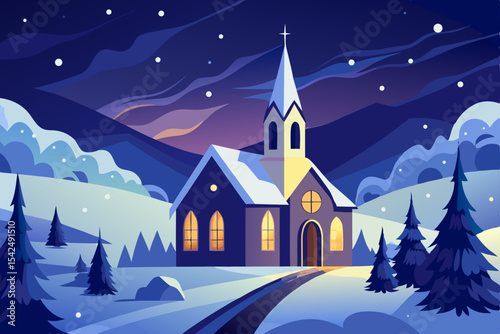 Christmas winter landscape with a snow-covered church and house under a blue night sky