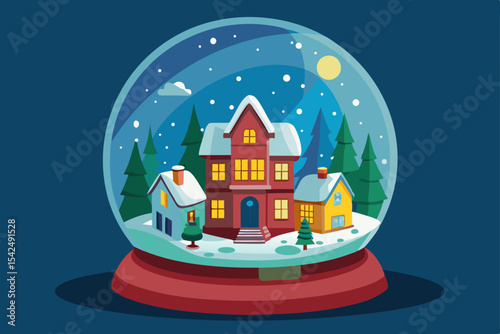 Winter Christmas house illustration with snowman, snow, and festive tree in a holiday village scene