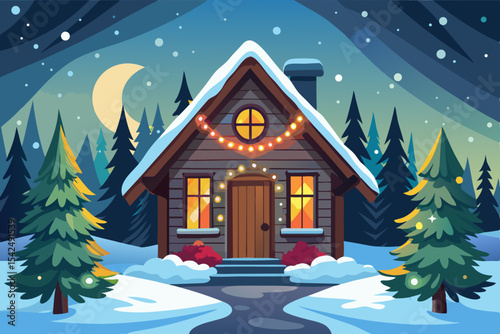 A magical Christmas house nestled in a snowy winter forest landscape