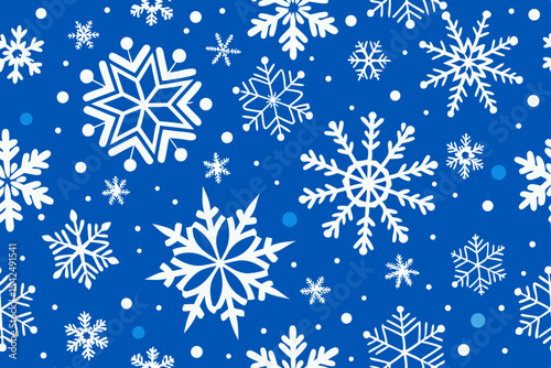 Seamless snowflake pattern on a blue background, perfect for winter holiday and Christmas designs, featuring ice crystals and festive decoration