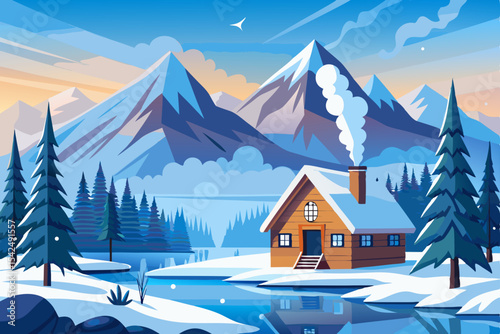 A charming house nestled in a snowy winter mountain landscape with festive Christmas trees under a clear night sky