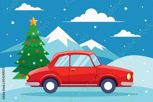 Red vintage toy car on snowy road, a perfect winter Christmas card illustration