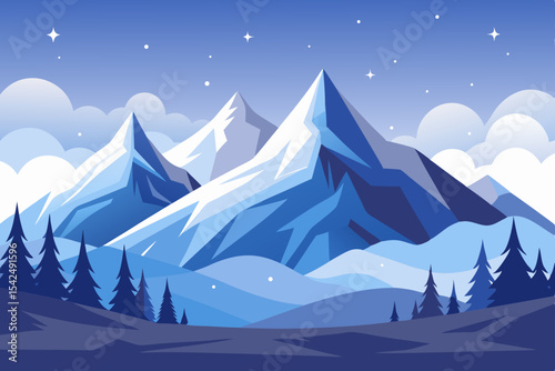 A stunning panorama of a snowy winter mountain landscape under a vast sky, with sun-kissed peaks and icy glaciers