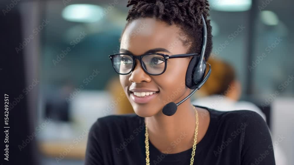Smiling female customer service representative wearing headset, engaged in conversation, showcasing a professional and friendly atmosphere