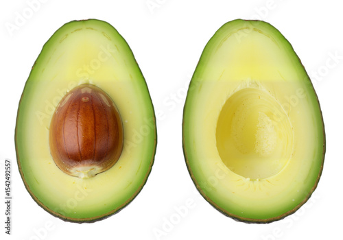 Ripe Avocado Halves with Green Skin and Creamy Flesh Against White Background