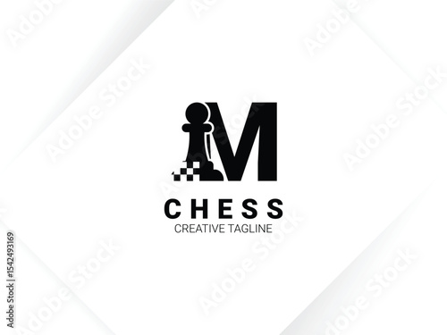 Simple letter M chess logo with pawn and chessboard symbol. Monogram logo template