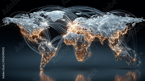 Illuminated world map with network connections showing global connectivity and data transfer