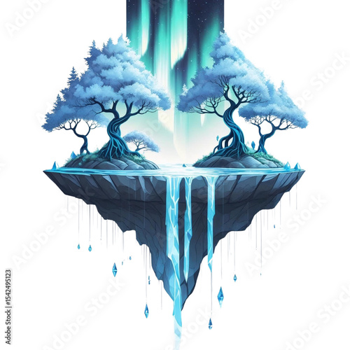 Floating island landscape with waterfall trees and aurora borealis digital art illustration design image