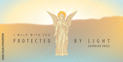 Vector easter drawing of guardian angel with wings and halo in the sky against the rising sun with the inscription protected by light. Angel - Theme of death, religion. Greeting card, t-shirt design. 