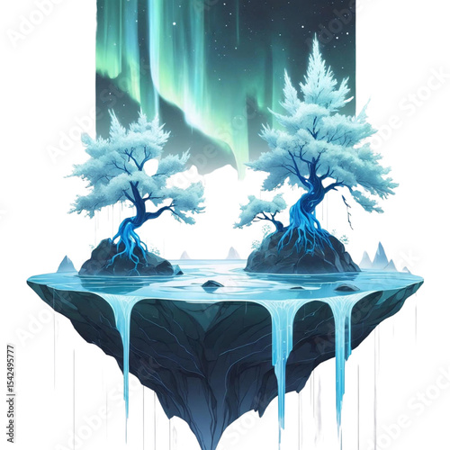 Floating island landscape with aurora borealis and trees digital artwork serene fantasy scene art design
