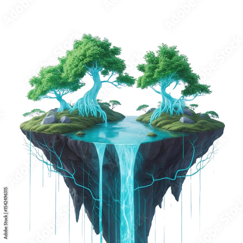 Floating island landscape with waterfall and trees fantasy art digital painting background wallpaper illustration