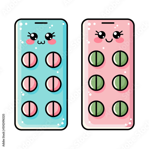Set of kawaii cute tablets, pills and blister pack isolated on white background. Medical vector illustration for kids, baby. Kawaii packing of tablets, antibiotics, vitamins, aspirin