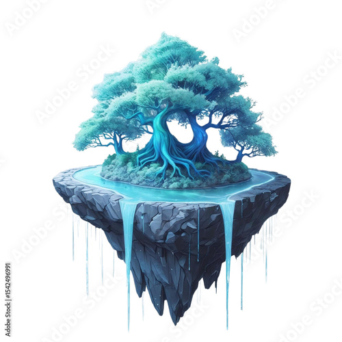 Floating island with waterfall and magical tree scenic fantasy art illustration digital painting nature landscape