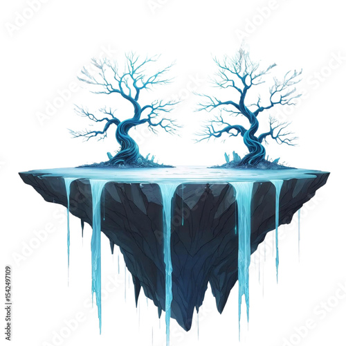 Floating island with frozen trees and icicles digital art landscape for fantasy game environment design art
