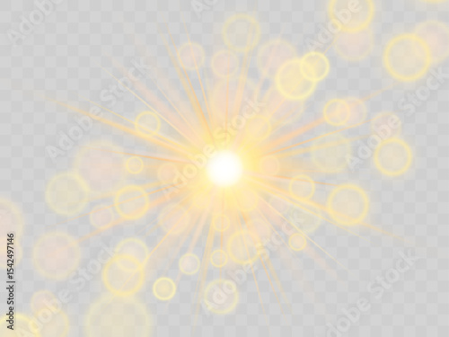 The effect of beautiful solar flares. The sun saturated with colors creates glare on a transparent background. Vector stock illustration