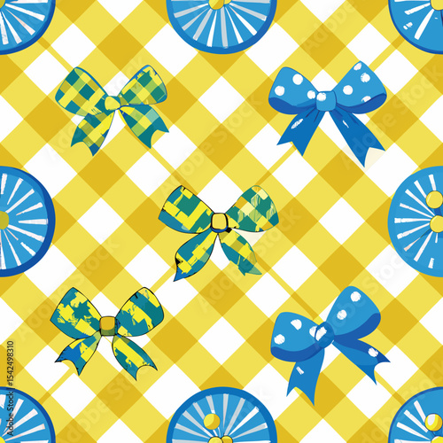 A beautiful vector seamless checkered pattern with bows and lemons. This pattern is composed of vintage bows and handmade ribbons on a yellow striped background